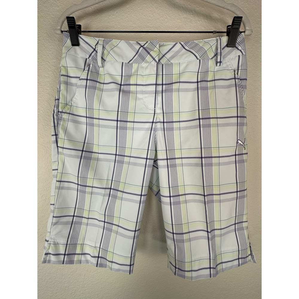 Puma Golf Shorts Womens 4 Plaid Bermuda Stretch White Purple Gripper Waist